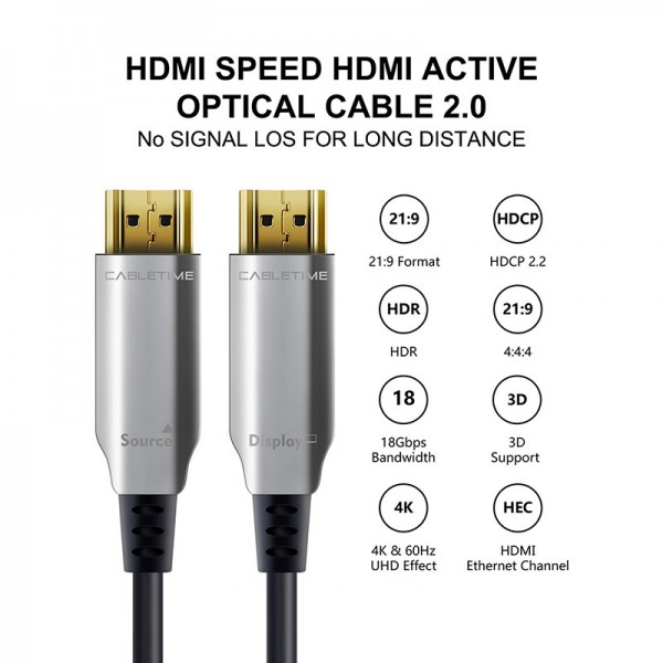 CABLETIME καλώδιο AOC HDMI 2.0 AV540, HDR, HDCP, 3D, 18Gbps, 100m, γκρι - CABLETIME