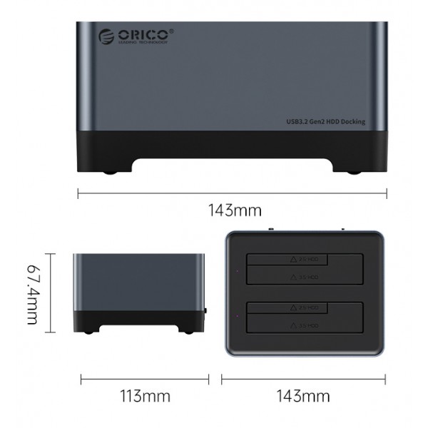 ORICO docking station 5828C3-C, clone function, 2x HDD/SSD, 10Gb/s, RGB - Θήκες & Trays Σκληρών Δίσκων