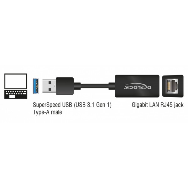 DELOCK αντάπτορας USB 3.1 σε RJ45 65903, Gen 1, 1000Mbps, 12cm, μαύρος - Δικτυακά