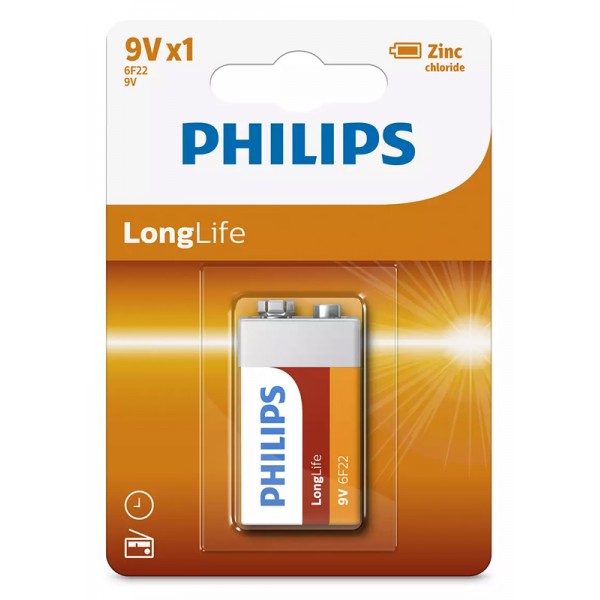 PHILIPS LongLife Zinc chloride μπαταρία 6F22L1B/10, 6F22 9V, 1τμχ - Philips