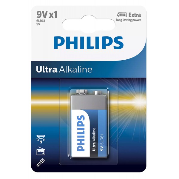 PHILIPS Ultra αλκαλική μπαταρία 6LR61E1B/10, 6LR61 9V, 1τμχ - Philips