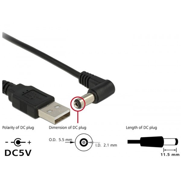DELOCK καλώδιο USB σε DC 5.5 x 2.1mm 83578, γωνιακό, 1.5m, μαύρο - USB