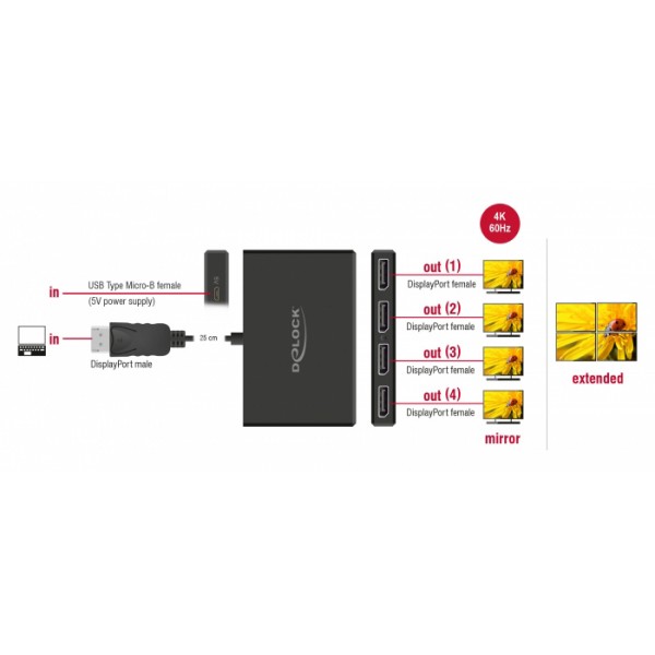 DELOCK splitter DisplayPort 1.4 σε 4x DisplayPort 87794, Dual Mode, 4K - KVM - Splitter - Switch