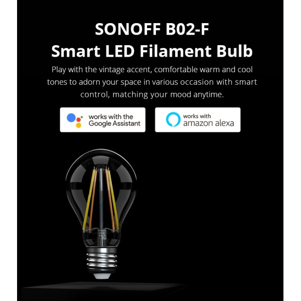 SONOFF Smart λάμπα LED Filament B02-F-A60, Wi-Fi, 7W, E27, 2200K-6500K