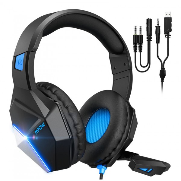MPOW gaming headset BMBH414ADSD LED, multiplatform, 3.5mm, μαύρο-μπλε