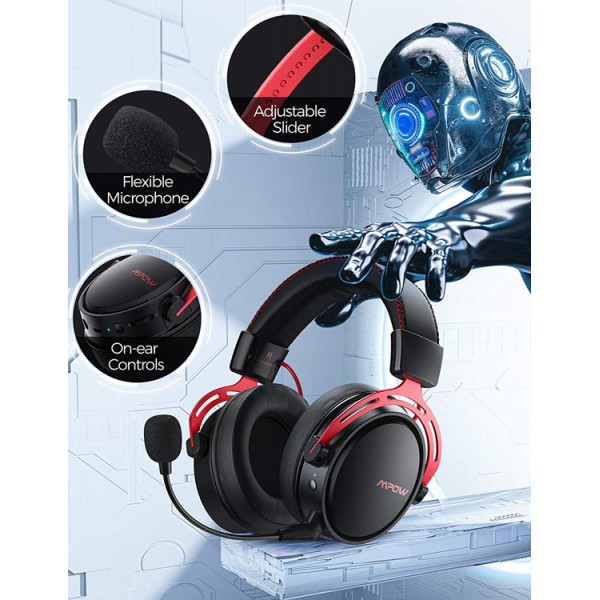 MPOW gaming headset Air 2.4GHz, wireless & wired, mic, μαύρο-κόκκινο