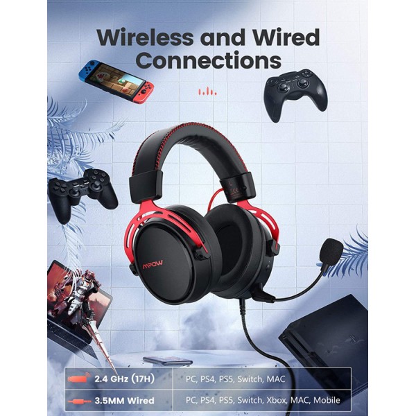 MPOW gaming headset Air 2.4GHz, wireless & wired, mic, μαύρο-κόκκινο