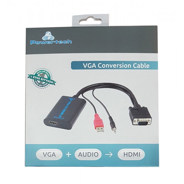 POWERTECH αντάπτορας VGA/USB/3.5mm σε HDMI CAB-H070, 1080p, 0.2m, μαύρος - Εικόνα