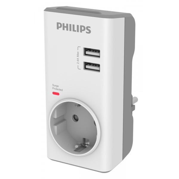 PHILIPS αντάπτορας ρεύματος schuko CHP4010W-10, 2x USB, 380J, λευκός - Τροφοδοσία Ρεύματος