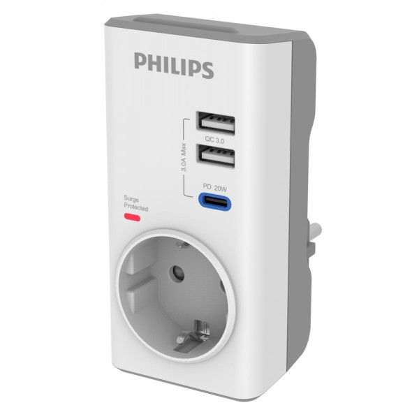 PHILIPS αντάπτορας ρεύματος CHP8010W/10, 1 θέση, USB-C/USB, 380J, λευκός - Τροφοδοσία Ρεύματος