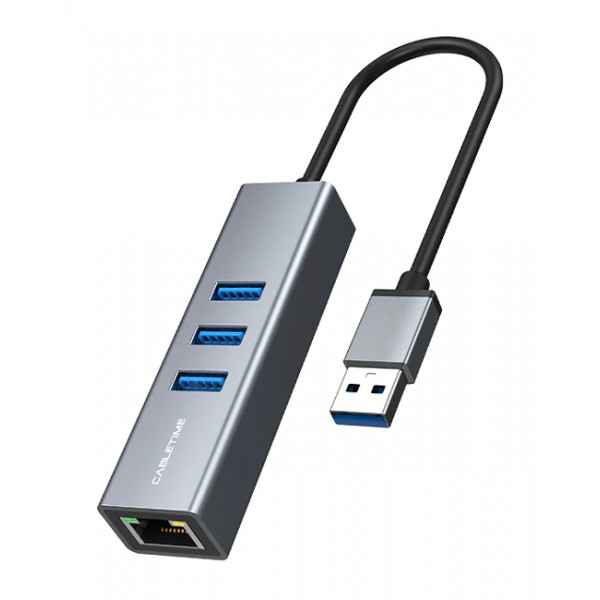 CABLETIME USB hub CT-AMLU3, RJ45 & 3x USB θύρες, 5Gbps, 1000Mbps, γκρι - CABLETIME