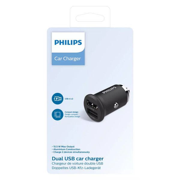 PHILIPS φορτιστής αυτοκινήτου DLP2520-00, 2x USB, 3.1A 15.5W, μαύρος - Φορτιστές Κινητών