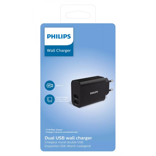 PHILIPS φορτιστής τοίχου DLP2620-12, 2x USB, 17W, μαύρος - Φορτιστές Κινητών