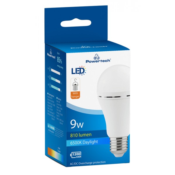 POWERTECH LED λάμπα με επαναφορτιζόμενη μπαταρία E27-017, 9W, 6500K, E27