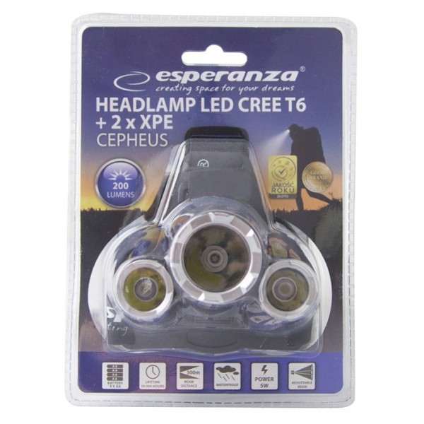 ESPERANZA φακός κεφαλής Cree T6 + 2x XPE Cepheus EOT026, 200LM, μαύρος