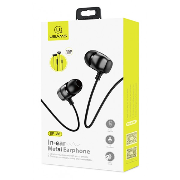 USAMS earphones με μικρόφωνο EP-36, 10mm, 3.5mm, 1.2m, μαύρα