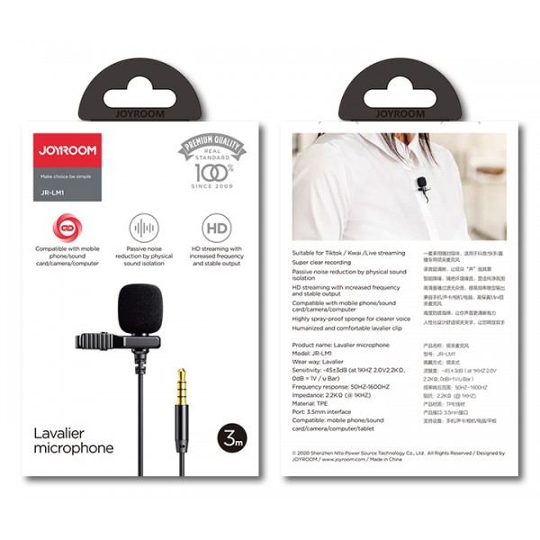 JOYROOM μικρόφωνο JR-LM1 με ενσωματωμένο clip-on, 3.5mm, 2m, μαύρο | Ακουστικά - Μικρόφωνα PC | Συνοδευτικά PC |