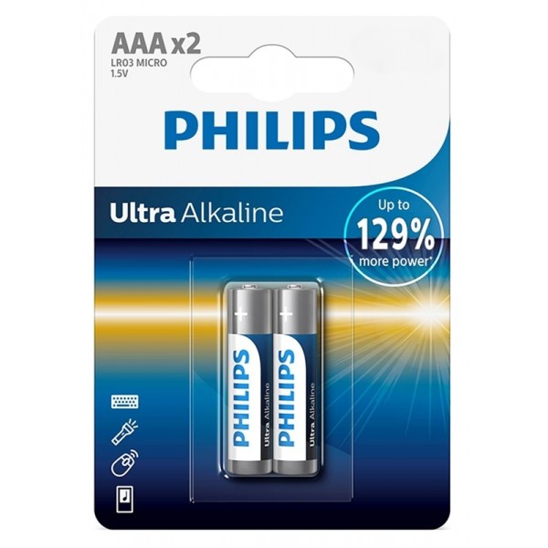 PHILIPS Ultra αλκαλικές μπαταρίες LR03E2B/10, AAA LR03 1.5V, 2τμχ - Philips