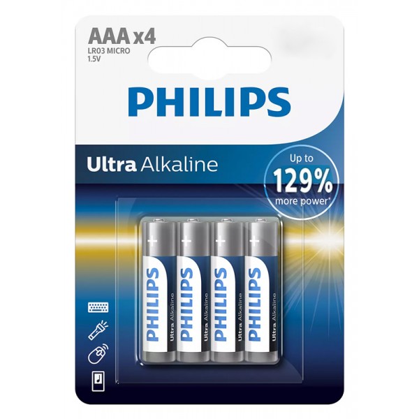 PHILIPS Ultra αλκαλικές μπαταρίες LR03E4B/10, AAA LR03 1.5V, 4τμχ - Philips