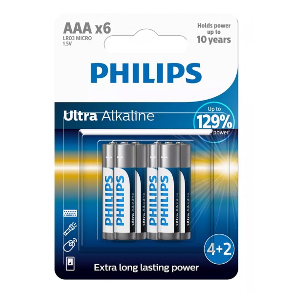 PHILIPS Ultra αλκαλικές μπαταρίες LR03E6BP/10, AAA LR03 1.5V, 6τμχ - Μπαταρίες Αλκαλικές