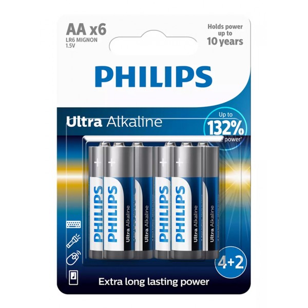 PHILIPS Ultra αλκαλικές μπαταρίες LR6E6BP/10, AA LR6 1.5V, 6τμχ - Μπαταρίες Αλκαλικές