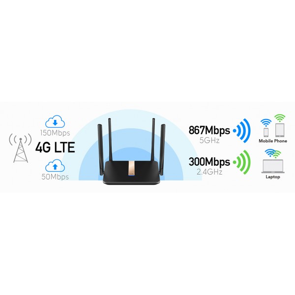 CUDY router LT500D, 4G LTE, AC1200 Dual Band, 4x Ethernet ports, V2.0