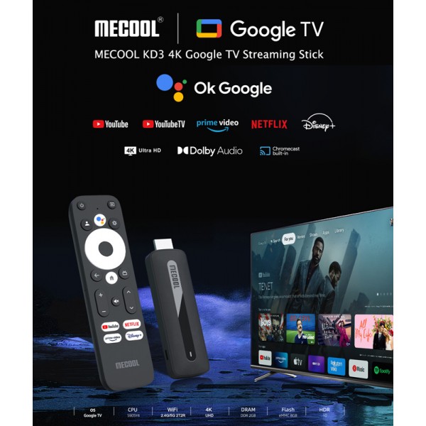 MECOOL TV Stick KD3, Google & Netflix certificate, 4K, WiFi, Android 11 - TV Box