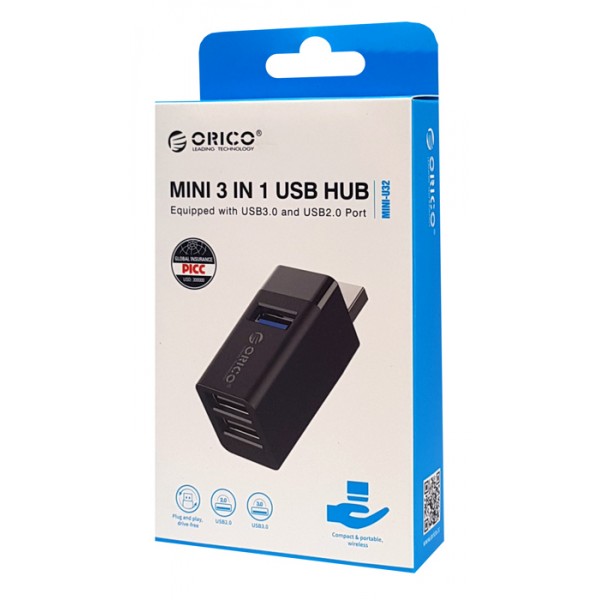 ORICO mini USB Hub MINI-U32, 1x USB 3.0, 2x USB 2.0, μαύρο