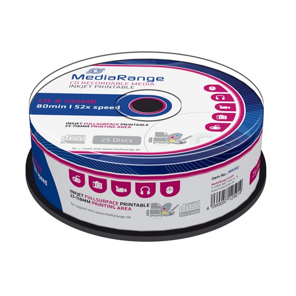 MEDIARANGE CD-R 52x 700MB, inkjet FF printable, cake box, 25τμχ - MEDIARANGE