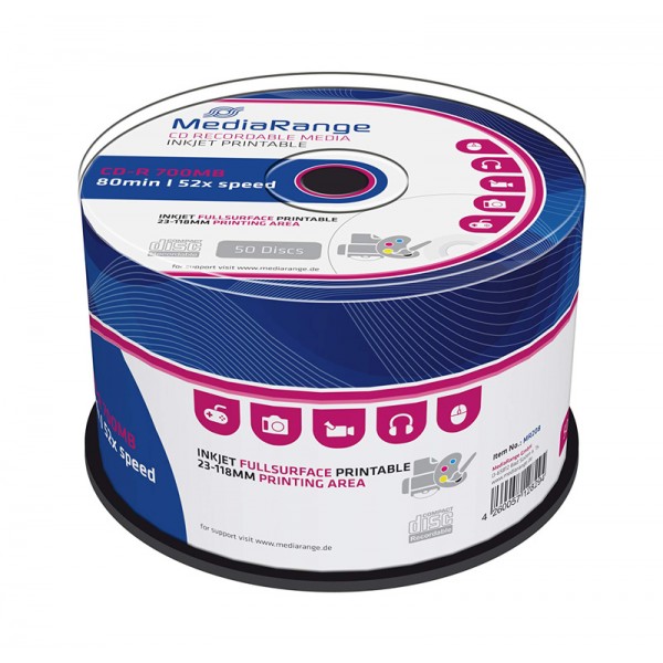 MEDIARANGE CD-R 52x 700MB, inkjet FF printable, cake box, 50τμχ - MEDIARANGE
