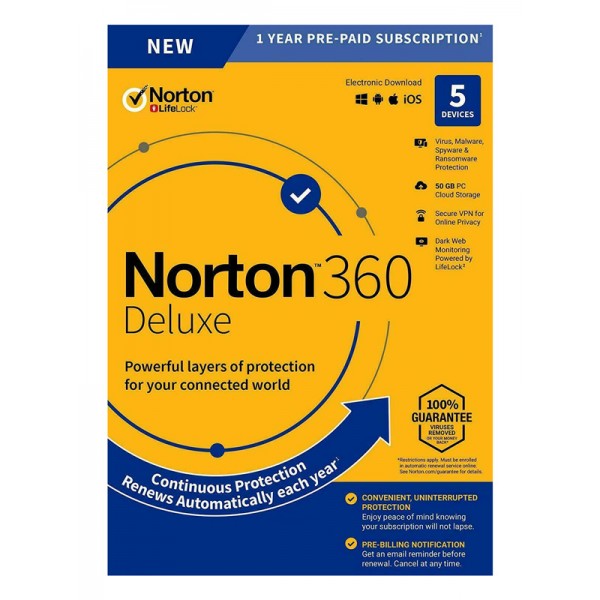 NORTON Antivirus 360 Deluxe ESD, 5 συσκευές, 50GB cloud, 1 έτος - NORTON