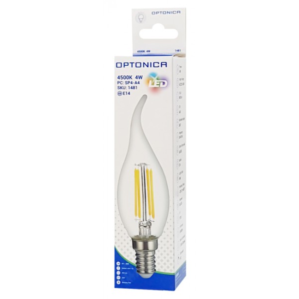 OPTONICA LED λάμπα Candle C35T Filament 1481, 4W, 4500K, E14, 400lm - OPTONICA