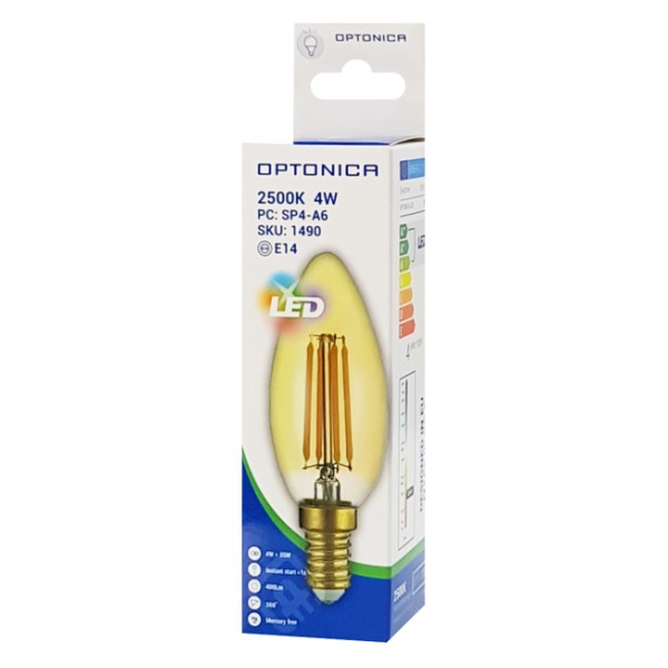OPTONICA LED λάμπα Candle C35 Filament 1490, 4W, 2500K, E14, 400lm - OPTONICA
