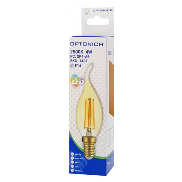OPTONICA LED λάμπα Candle T35 Filament 1491, 4W, 2500K, E14, 400lm - OPTONICA