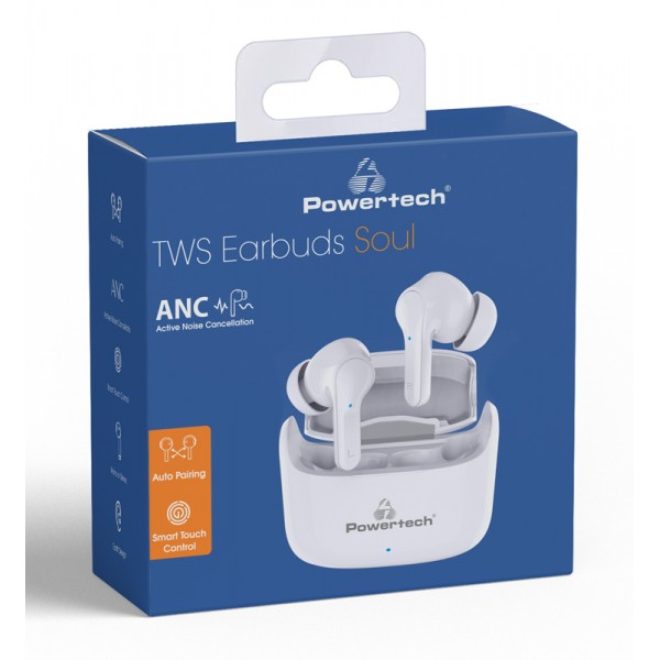 POWERTECH earphones με θήκη φόρτισης Soul, TWS, ANC, 45/400mAh, λευκά - Ακουστικά - Bluetooth