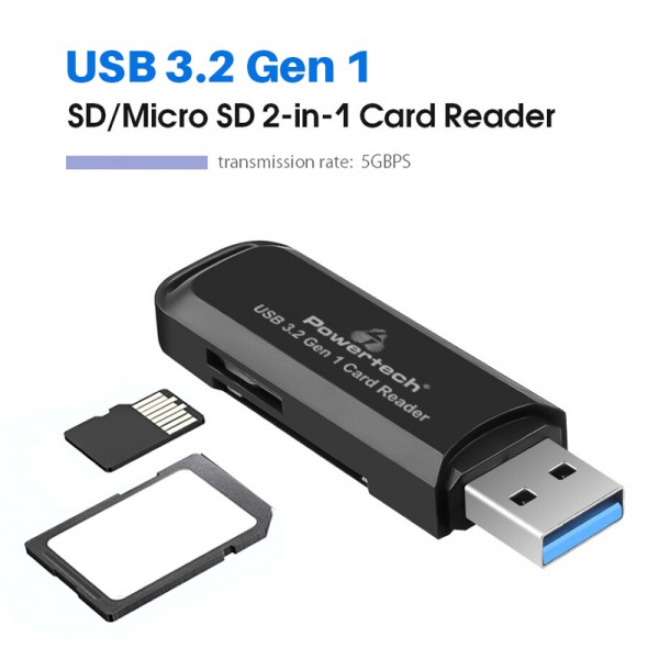 POWERTECH card reader PT-1112 για SD & micro SD, USB 3.2, 5Gbps, μαύρο - Συνοδευτικά PC