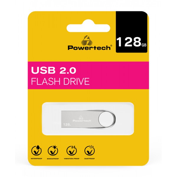 POWERTECH USB Flash Drive PT-1121, 128GB, USB 2.0, ασημί - Συνοδευτικά PC