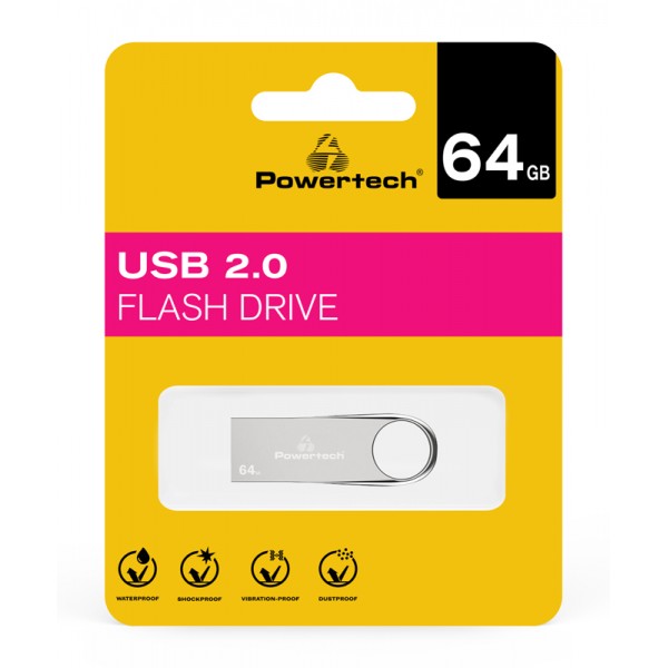 POWERTECH USB Flash Drive PT-1122, 64GB, USB 2.0, ασημί - Συνοδευτικά PC
