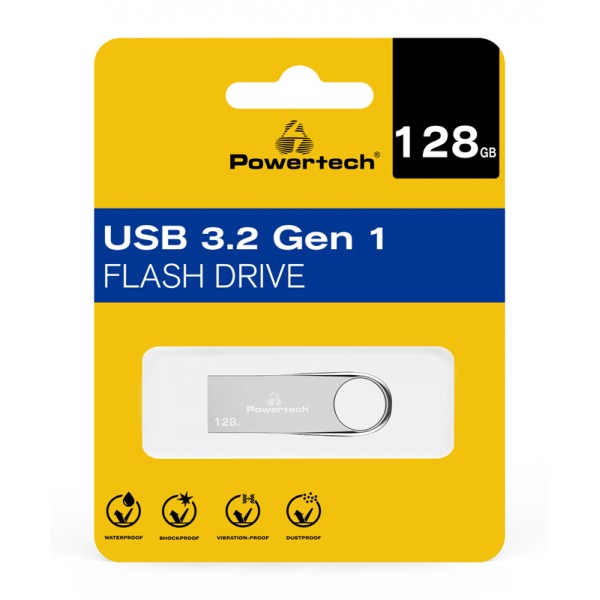 POWERTECH USB Flash Drive PT-1123, 128GB, USB 3.2, ασημί - USB Flash Drives
