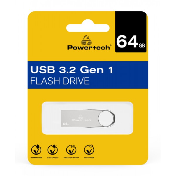 POWERTECH USB Flash Drive PT-1124, 64GB, USB 3.2, ασημί - USB Flash Drives