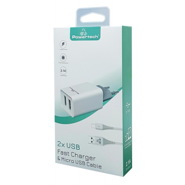 POWERTECH Φορτιστής τοίχου & καλώδιο Micro USB PT-775, 2x USB, 2.1A - Φορτιστές Κινητών