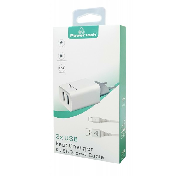 POWERTECH Φορτιστής τοίχου & καλώδιο USB Type-C PT-776, 2x USB, 2.1A - Φορτιστές Κινητών