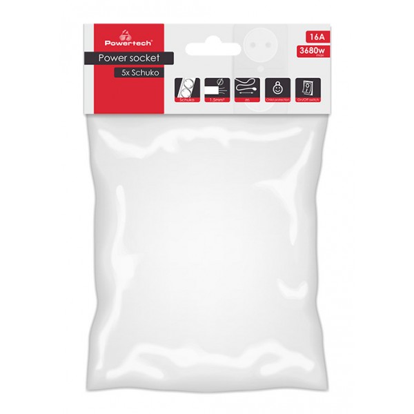 POWERTECH πολύπριζο PT-876, 5x schuko, 16A, 3m, λευκό - Πολύπριζα Ρεύματος