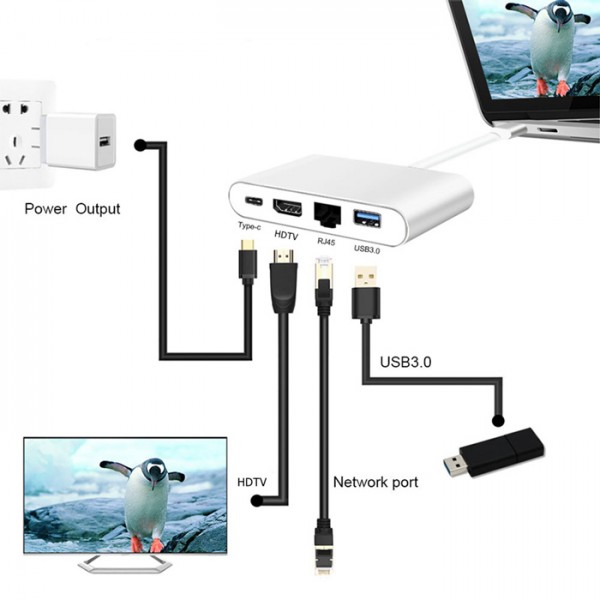 POWERTECH USB-C docking station PTH-085, HDMI/RJ45/USB/USB-C PD, γκρι - Συνοδευτικά PC