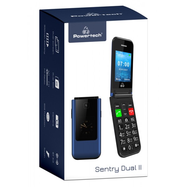 POWERTECH Κινητό Τηλέφωνο Sentry Dual II, 2 οθόνες, SOS Call, μπλε - Κινητά Τηλέφωνα