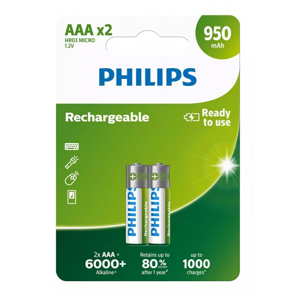 PHILIPS επαναφορτιζόμενη μπαταρία R03B2A95, 950mAh, AAA HR03 Micro, 2τμχ - Σύγκριση Προϊόντων