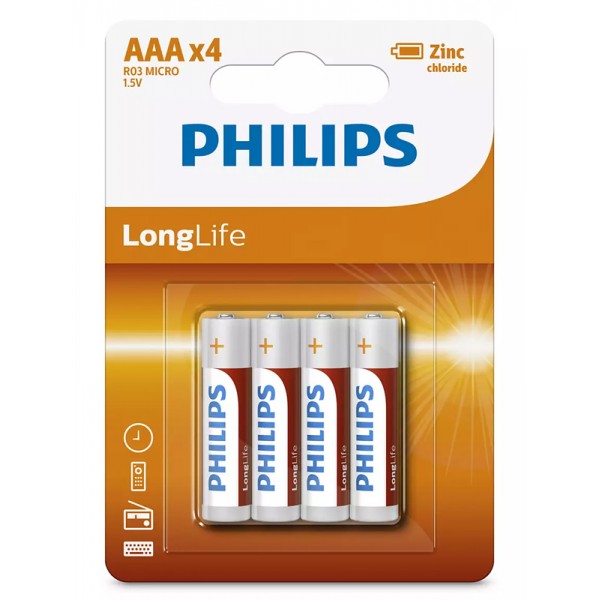 PHILIPS LongLife Zinc chloride μπαταρίες R03L4B/10 AAA R03 Micro, 4τμχ - Philips
