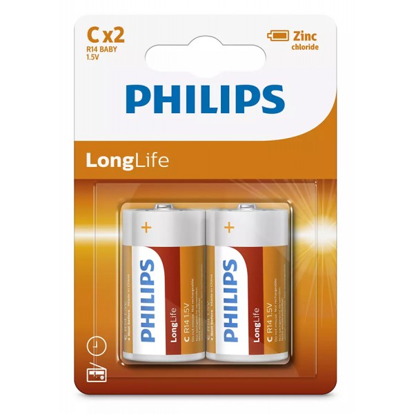 PHILIPS LongLife Zinc chloride μπαταρίες R14L2B/10, R14 1.5V, 2τμχ - Philips