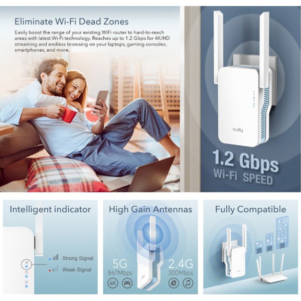 CUDY Wi-Fi range extender RE1200, AC1200 1200Mbps, dual band, mesh - CUDY