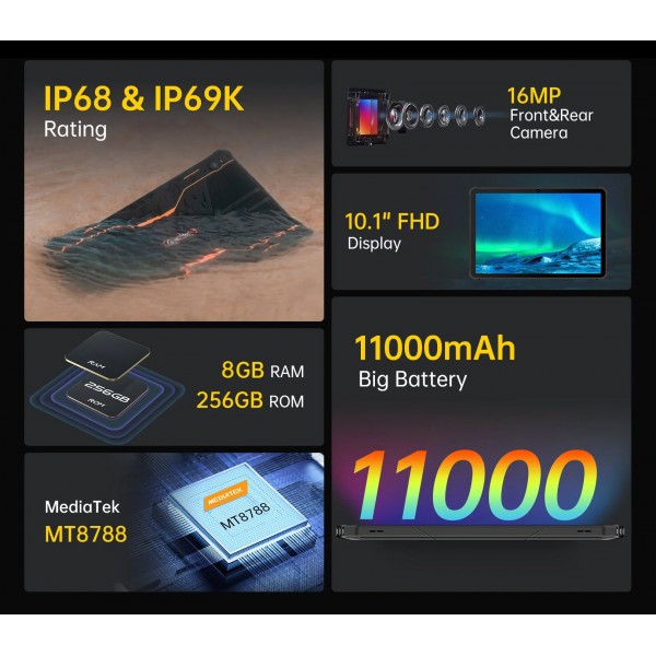 OUKITEL tablet RT5, 10.1", 8/256GB, 4G, 11000mAh, IP68/IP69K, μαύρο - Tablet - Parts